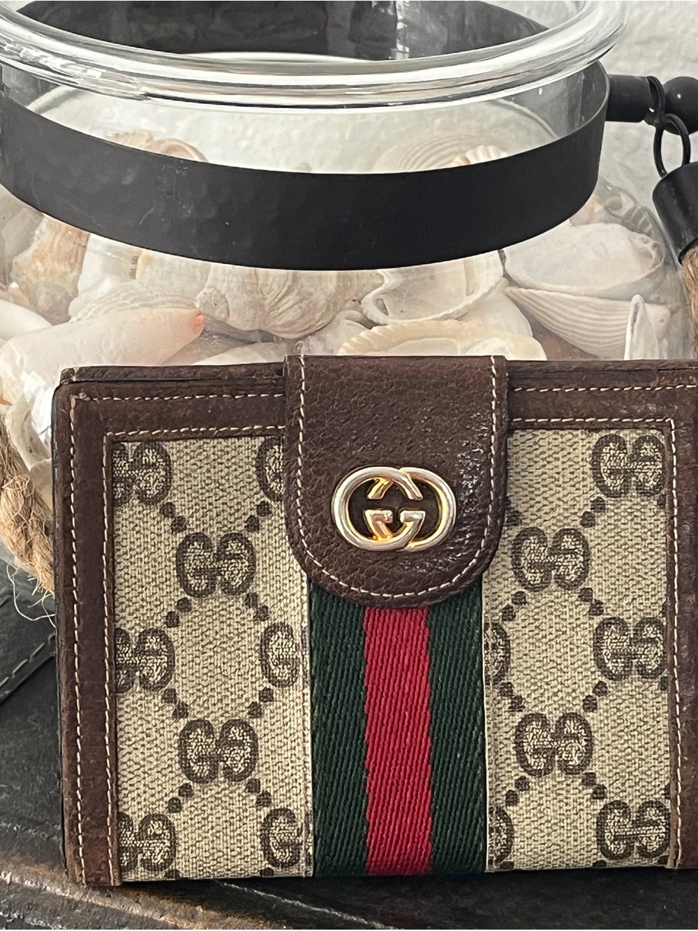 Gucci Brown Monogram Canvas Card Case with Green and Red Web